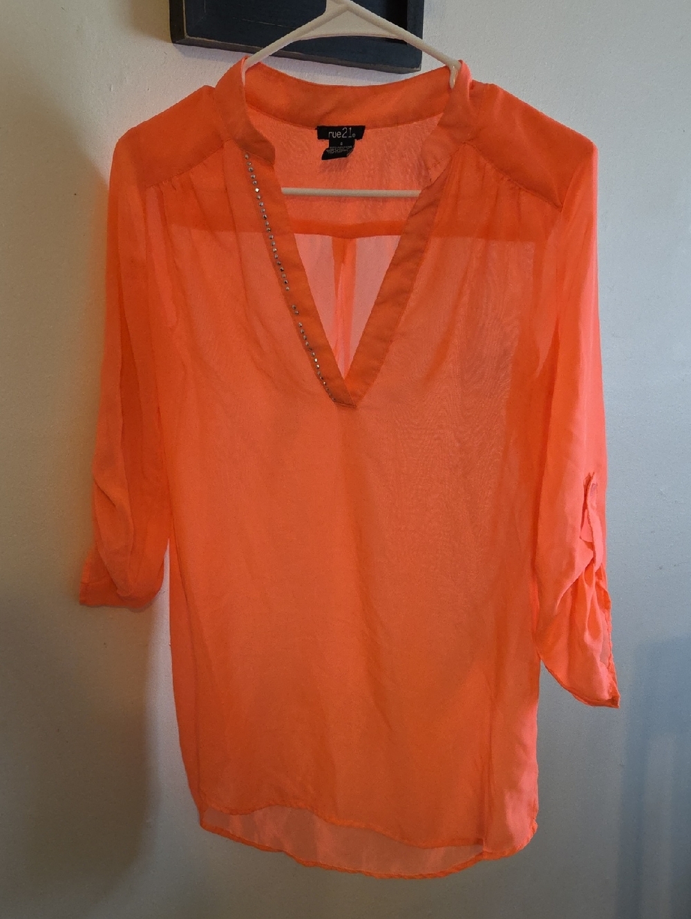 Rue21 Coral Sheer V-Neck Blouse with Stud Trim